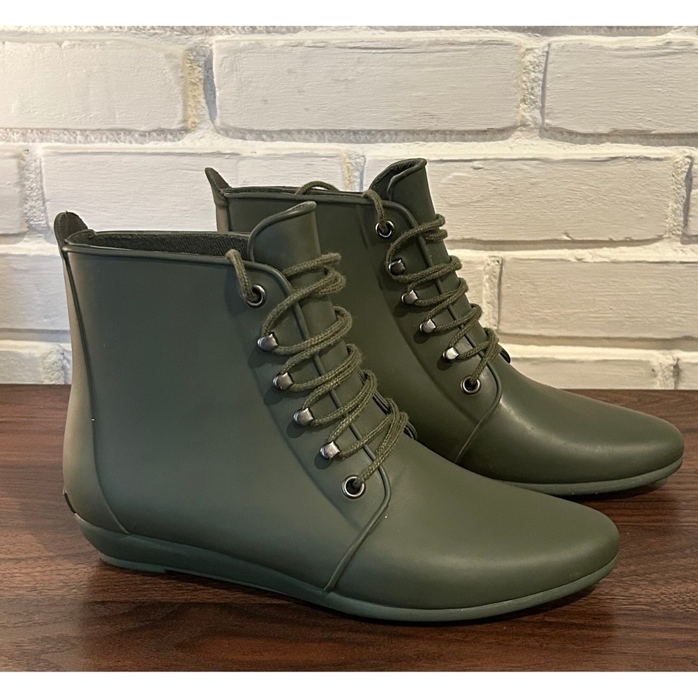 Loeffler Randall Women's Rain‎ Boots Ankle Lace Up Olive Green Size 7
